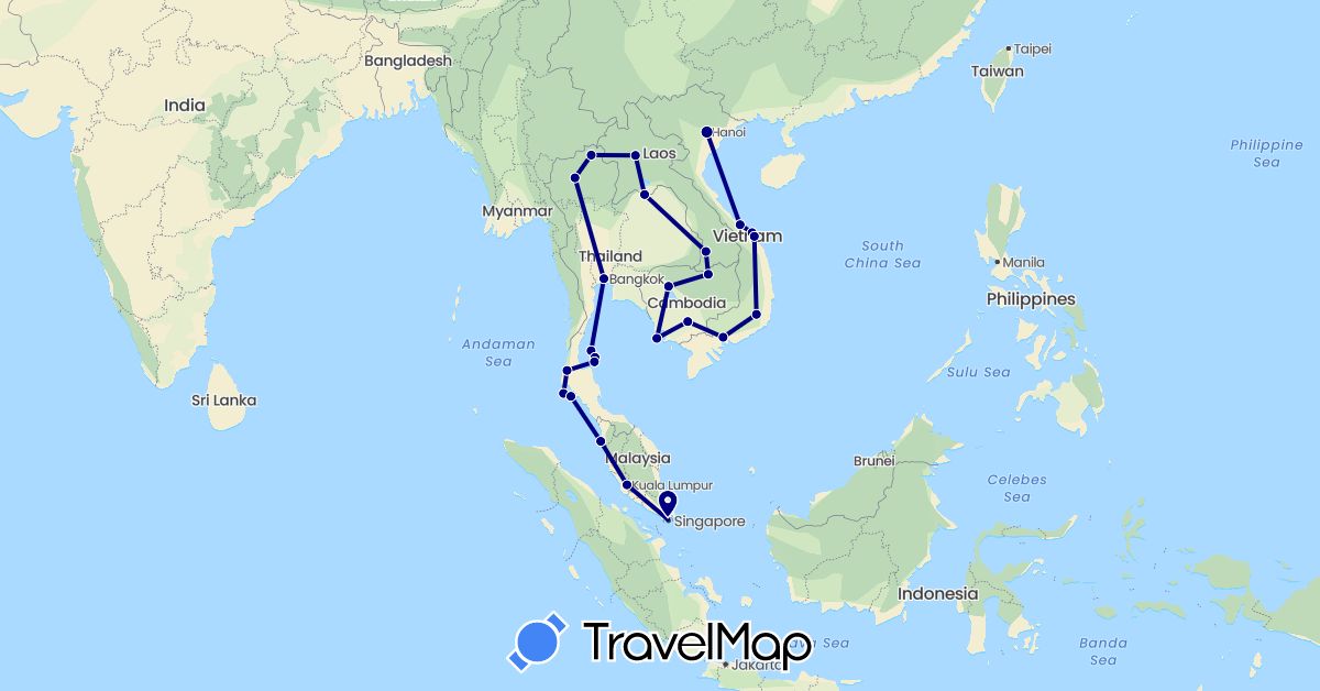 TravelMap itinerary: driving in Cambodia, Laos, Malaysia, Singapore, Thailand, Vietnam (Asia)